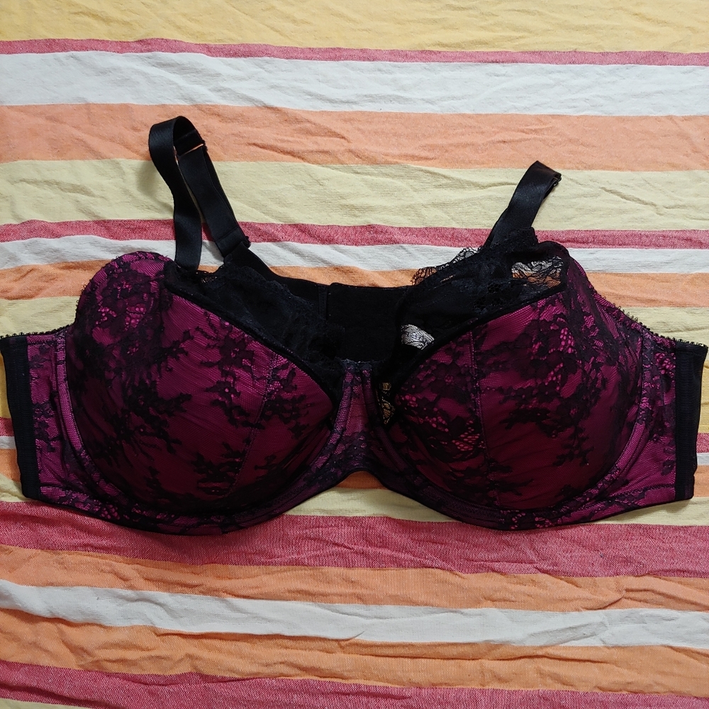 Cacique Black Lace and Pink Balconette Bra 46DDD
